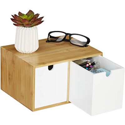 Relaxdays Organizer na biurko, 2 szuflady, bambus i MDF, pojemnik biurowy, wys. x szer. x gł.: 14,5 x 24,5 x 20 cm, biały Relaxdays Organizer na biurko, 2 szuflady, bambus i MDF, pojemnik biurowy, wys. x szer. x gł.: 14,5 x 24,5 x 20 cm, biały