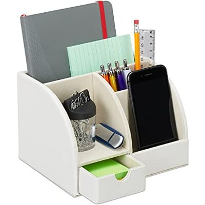 Relaxdays Organizer na artykuły biurkowe, sztuczna skóra, biuro, szuflada, 4 poziomy, uchwyt na ołówki, 13 x 19 x 15 cm, PU, tektura, materiał, biały, 1 sztuka Relaxdays Organizer na artykuły biurkowe, sztuczna skóra, biuro, szuflada, 4 poziomy, uchwyt na ołówki, 13 x 19 x 15 cm, PU, tektura, materiał, biały, 1 sztuka