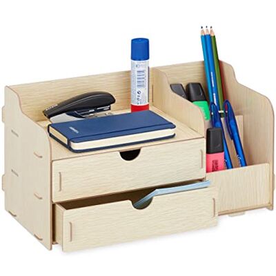 Relaxdays Organizer na biurko, 2 szuflady i 3 przegródki, pudełko na długopisy MDF, wys. x gł.: 17 x 33 x 19 cm, organizer biurowy, jasnobrązowy Relaxdays Organizer na biurko, 2 szuflady i 3 przegródki, pudełko na długopisy MDF, wys. x gł.: 17 x 33 x 19 cm, organizer biurowy, jasnobrązowy