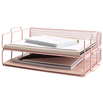 Blu Monaco Różowy organizer na biurko, do układania w stos, zestaw 2 szt., metalowy drut, taca na listy z możliwością układania w stos, taca na biurko Blu Monaco Różowy organizer na biurko, do układania w stos, zestaw 2 szt., metalowy drut, taca na listy z możliwością układania w stos, taca na biurko
