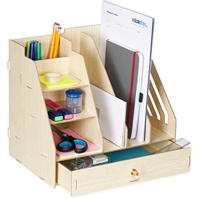 Relaxdays Organizer na biurko, 3 szuflady, 3 półki, 2 pojemniki na długopisy, 1 szuflada, do biura i szkoły, DIY, MDF, jasnobrązowy Relaxdays Organizer na biurko, 3 szuflady, 3 półki, 2 pojemniki na długopisy, 1 szuflada, do biura i szkoły, DIY, MDF, jasnobrązowy