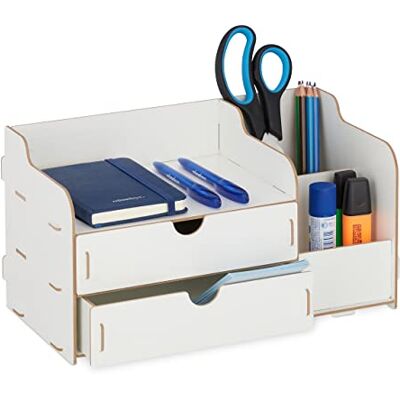 Relaxdays Organizer na biurko, 2 szuflady i 3 przegródki, pojemnik na długopisy MDF, wys. x gł.: 17 x 33 x 19 cm, organizer biurowy, biały Relaxdays Organizer na biurko, 2 szuflady i 3 przegródki, pojemnik na długopisy MDF, wys. x gł.: 17 x 33 x 19 cm, organizer biurowy, biały