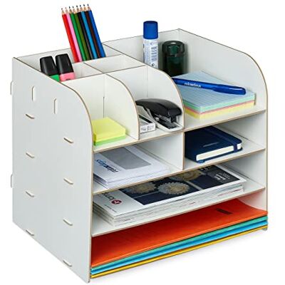 Relaxdays Organizer na biurko z półką na dokumenty, 10 przegródek, wys. x gł.: 27,5 x 32,5 x 25 cm, organizer biurowy MDF, biały Relaxdays Organizer na biurko z półką na dokumenty, 10 przegródek, wys. x gł.: 27,5 x 32,5 x 25 cm, organizer biurowy MDF, biały