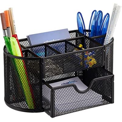 Relaxdays Organizer na biurko, półka biurowa z uchwytami na długopisy i szufladą, metalowa siatka, wys. x gł.: 10,5 x 22 x 11 cm, czarny Relaxdays Organizer na biurko, półka biurowa z uchwytami na długopisy i szufladą, metalowa siatka, wys. x gł.: 10,5 x 22 x 11 cm, czarny