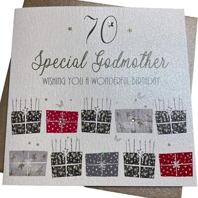White Cotton Cards 70 'Wishing you a Wonderful Godmother' ręcznie robiona kartka na 70. urodziny, biała, bdp70-Godm White Cotton Cards 70 'Wishing you a Wonderful Godmother' ręcznie robiona kartka na 70. urodziny, biała, bdp70-Godm