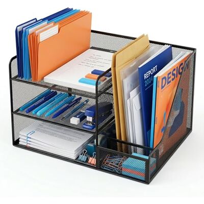Relaxdays Organizer na biurko, 5 półek, pionowy uchwyt na segregatory, biuro, wys. x gł.: 23,5 x 37 x 30,5 cm, metal, czarny Relaxdays Organizer na biurko, 5 półek, pionowy uchwyt na segregatory, biuro, wys. x gł.: 23,5 x 37 x 30,5 cm, metal, czarny