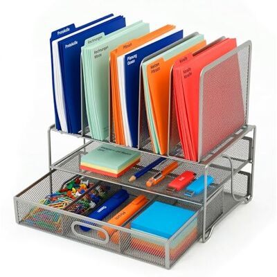 Relaxdays Organizer na biurko, organizer na segregatory z szufladą i 6 półkami, do biura, wys. x gł.: 36 x 35 x 24,5 cm, metal, srebrny Relaxdays Organizer na biurko, organizer na segregatory z szufladą i 6 półkami, do biura, wys. x gł.: 36 x 35 x 24,5 cm, metal, srebrny