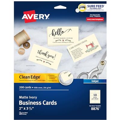 Avery Wizytówki do druku, drukarki atramentowe, 200 kart, 2 x 3,5, Clean Edge, waga ciężka, kość słoniowa (8876) Avery Wizytówki do druku, drukarki atramentowe, 200 kart, 2 x 3,5, Clean Edge, waga ciężka, kość słoniowa (8876)