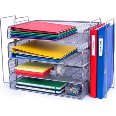 Relaxdays Półka na listy, metalowa, A4, 4 przegródki, 2 pojemniki stojące, wys. x szer. x gł.: 30 x 49,5 x 24,5 cm, organizer na biurko, srebrny Relaxdays Półka na listy, metalowa, A4, 4 przegródki, 2 pojemniki stojące, wys. x szer. x gł.: 30 x 49,5 x 24,5 cm, organizer na biurko, srebrny
