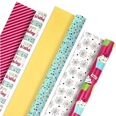 Hallmark Zestaw dwustronnego papieru do pakowania na każdą okazję – Happy Birthday (3 rolki – 75 stóp kwadratowych) babeczki, paski, kwiaty, kropki Hallmark Zestaw dwustronnego papieru do pakowania na każdą okazję – Happy Birthday (3 rolki – 75 stóp kwadratowych) babeczki, paski, kwiaty, kropki