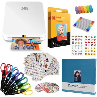 Kodak Przenośna drukarka fotograficzna Step Slim Instant — zestaw: 20 sztuk papieru Zink, nożyczki, album z wycinkami, markery, zestawy naklejek Kodak Przenośna drukarka fotograficzna Step Slim Instant — zestaw: 20 sztuk papieru Zink, nożyczki, album z wycinkami, markery, zestawy naklejek