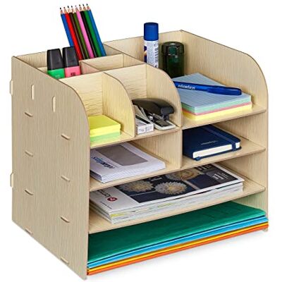 Relaxdays Organizer na biurko z półką na dokumenty, 10 przegródek, wys. x gł.: 27,5 x 32,5 x 25 cm, organizer biurowy MDF, jasnobrązowy Relaxdays Organizer na biurko z półką na dokumenty, 10 przegródek, wys. x gł.: 27,5 x 32,5 x 25 cm, organizer biurowy MDF, jasnobrązowy