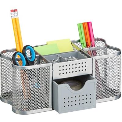 Relaxdays Biurko, organizer biurowy z uchwytem na długopisy i szufladą, metal, wys. x gł.: 10 x 23,5 x 11,5 cm, srebrny Relaxdays Biurko, organizer biurowy z uchwytem na długopisy i szufladą, metal, wys. x gł.: 10 x 23,5 x 11,5 cm, srebrny