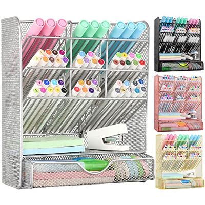 Spacrea Organizer na długopisy – organizer na biurko i akcesoria, pojemnik na ołówki z 10 przegródkami i 1 szufladą (srebrny) Spacrea Organizer na długopisy – organizer na biurko i akcesoria, pojemnik na ołówki z 10 przegródkami i 1 szufladą (srebrny)