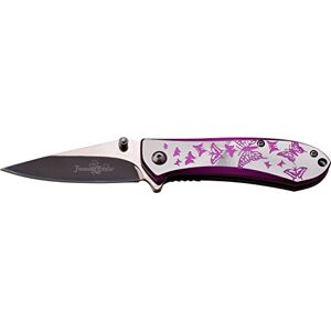 Femme Fatale Scyzoryk FF-A010, seria SCHMETTERLING VIOLETT/SILBER aluminiowy nóż, ostry nóż myśliwski, nóż outdoorowy 7,6 cm, nierdzewne ostrze, składany nóż do wędkowania/na kemping Femme Fatale Scyzoryk FF-A010, seria SCHMETTERLING VIOLETT/SILBER aluminiowy nóż, ostry nóż myśliwski, nóż outdoorowy 7,6 cm, nierdzewne ostrze, składany nóż do wędkowania/na kemping