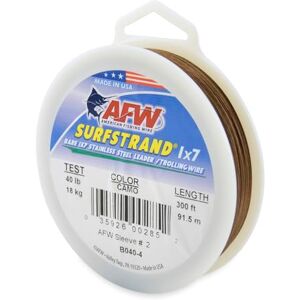 B040-4 American Fishing Wire Surfstrand, Bare 1x7 Stainless Steel Leader Wire, 40 lb Test, 0.015" Diameter, Camo, 300 ft B040-4 American Fishing Wire Surfstrand, Bare 1x7 Stainless Steel Leader Wire, 40 lb Test, 0.015" Diameter, Camo, 300 ft