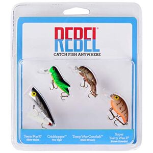 PK4RB1 Rebel Przynęty Classic Critters Crankbait przynęta wędkarska 4-pak, zawiera 1 Teeny Pop-R, 1 Crickhopper, 1 raki Teeny Wee i 1 Teen Wee-R, Multi, jeden rozmiar PK4RB1 Rebel Przynęty Classic Critters Crankbait przynęta wędkarska 4-pak, zawiera 1 Teeny Pop-R, 1 Crickhopper, 1 raki Teeny Wee i 1 Teen Wee-R, Multi, jeden rozmiar
