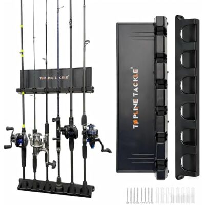 Topline Tackle 2 zestawy pionowych uchwytów na wędkę do garażu, montowane na ścianie uchwyty na wędkę, stojak na wędkę do przechowywania 6 prętów Topline Tackle 2 zestawy pionowych uchwytów na wędkę do garażu, montowane na ścianie uchwyty na wędkę, stojak na wędkę do przechowywania 6 prętów