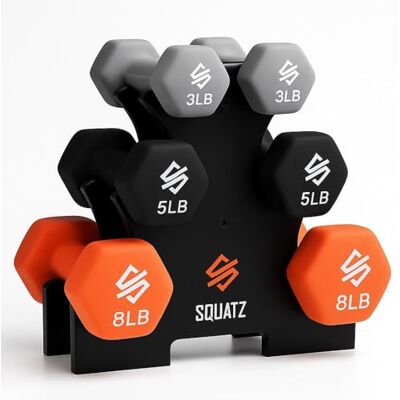 EU-SQDBT30 SQUATZ Zestaw hantli neoprenowych ze stojakiem, 14,5 kg, wielokolorowe – zestaw krótkich hantli z 3 parami, do domu, na siłownię, trening siłowy, fitness, dla początkujących EU-SQDBT30 SQUATZ Zestaw hantli neoprenowych ze stojakiem, 14,5 kg, wielokolorowe – zestaw krótkich hantli z 3 parami, do domu, na siłownię, trening siłowy, fitness, dla początkujących