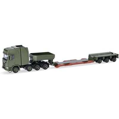 Herpa model ciężarówki Scania CR 20 HD naczepa niskopodwoziowa „Danish Army” (DK), miniatura w skali 1:87, Military, model kolekcjonerski, wyprodukowany w Niemczech, tworzywo sztuczne Herpa model ciężarówki Scania CR 20 HD naczepa niskopodwoziowa „Danish Army” (DK), miniatura w skali 1:87, Military, model kolekcjonerski, wyprodukowany w Niemczech, tworzywo sztuczne