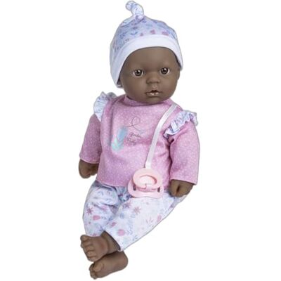 JC Toys 40 cm African American Baby Doll ma miękkie i zmywalne ciało, magiczną butelkę i smoczek, różowy, kwiatowy, zaprojektowany w Hiszpanii, +12 miesięcy JC Toys 40 cm African American Baby Doll ma miękkie i zmywalne ciało, magiczną butelkę i smoczek, różowy, kwiatowy, zaprojektowany w Hiszpanii, +12 miesięcy
