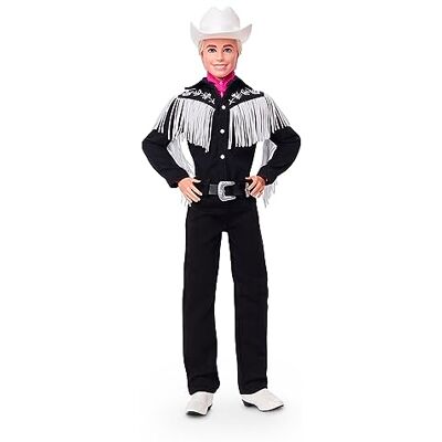 Barbie Ken w stroju kowbojskim Lalka filmowa w czarnym stroju z białymi frędzlami, kapeluszu kowbojskim, butach i z różową bandaną, HRF30 Barbie Ken w stroju kowbojskim Lalka filmowa w czarnym stroju z białymi frędzlami, kapeluszu kowbojskim, butach i z różową bandaną, HRF30