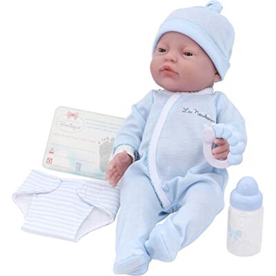 JC TOYS Newborn noworodek Lalka 43 cm z miękkiego winylu, otwarte oczy, zawiera ubrania i 6 akcesoriów, dla dzieci, niebieski, zaprojektowany w Hiszpanii przez Berenguer, +2 lata JC TOYS Newborn noworodek Lalka 43 cm z miękkiego winylu, otwarte oczy, zawiera ubrania i 6 akcesoriów, dla dzieci, niebieski, zaprojektowany w Hiszpanii przez Berenguer, +2 lata