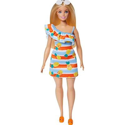Barbie Loves the Ocean Lalka Sukienka w ananasy (blondynka) wykonana z plastiku z recyklingu, letnia sukienka + akcesoria HLP92 Barbie Loves the Ocean Lalka Sukienka w ananasy (blondynka) wykonana z plastiku z recyklingu, letnia sukienka + akcesoria HLP92