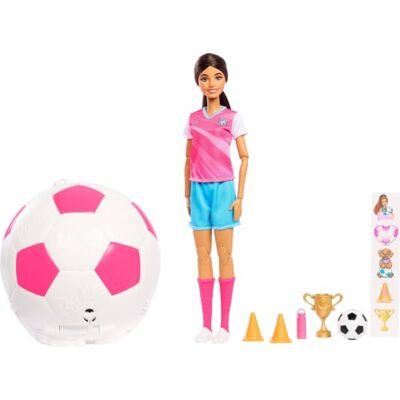 Barbie Team lalka piłkarka Roll and Reveal Lalka modowa brunetka w opakowaniu w kształcie piłki, 8 niespodzianek, wiek 3+, JMK20 Barbie Team lalka piłkarka Roll and Reveal Lalka modowa brunetka w opakowaniu w kształcie piłki, 8 niespodzianek, wiek 3+, JMK20