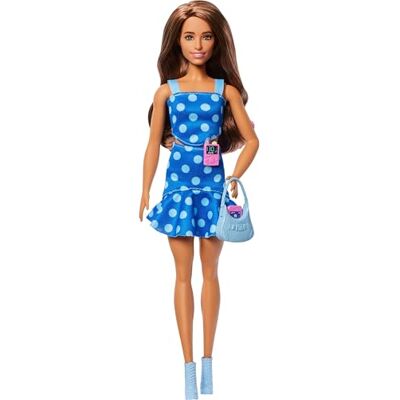 Barbie Fashionistas Lalka #242 z cukrzycą typu 1 w stroju w kropki i z akcesoriami, powstała we współpracy z Breakthrough T1D, HYT97 Barbie Fashionistas Lalka #242 z cukrzycą typu 1 w stroju w kropki i z akcesoriami, powstała we współpracy z Breakthrough T1D, HYT97