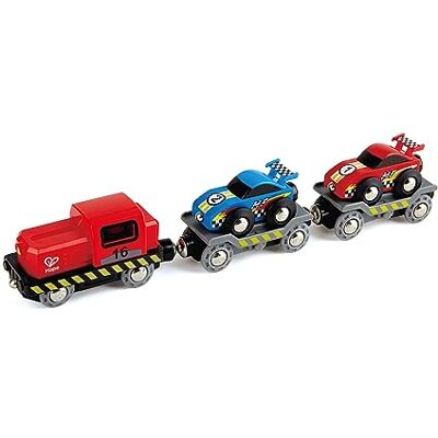 Hape E3735 Race Car Transporter Railway Engine Wooden Train Track Accessories Hape E3735 Race Car Transporter Railway Engine Wooden Train Track Accessories