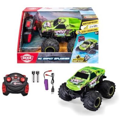 Dickie Toys RC Amphy Splasher 18 cm, zdalnie sterowany pojazd płazów dla dzieci od 6 lat, napęd 4x4, obrót o 360°, unosi się w wodzie, z akumulatorem kontrolera, kabel USB, zielony Dickie Toys RC Amphy Splasher 18 cm, zdalnie sterowany pojazd płazów dla dzieci od 6 lat, napęd 4x4, obrót o 360°, unosi się w wodzie, z akumulatorem kontrolera, kabel USB, zielony