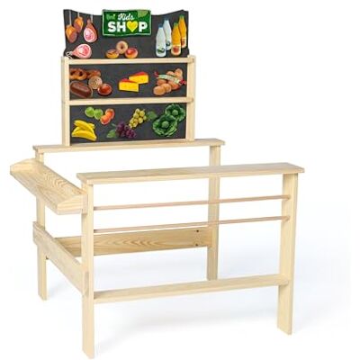 Erzi 10071 drewniany sklep dla dzieci, stół rynkowy z półkami i kasą, edukacyjna gra fabularna 3+, rama z naturalnego drewna, 72 x 79 x 105 cm Erzi 10071 drewniany sklep dla dzieci, stół rynkowy z półkami i kasą, edukacyjna gra fabularna 3+, rama z naturalnego drewna, 72 x 79 x 105 cm