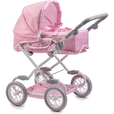 JC Toys Deluxe składany wózek na 4 kółkach, dla lalek do 45 cm, zmieniany na wózek dziecięcy, różowy z białymi kropkami, wyjmowany kosz transportowy, zaprojektowany przez Berenguer, +3 lata JC Toys Deluxe składany wózek na 4 kółkach, dla lalek do 45 cm, zmieniany na wózek dziecięcy, różowy z białymi kropkami, wyjmowany kosz transportowy, zaprojektowany przez Berenguer, +3 lata