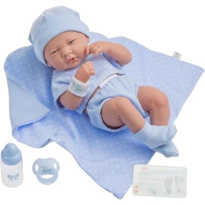 JC Toys 102-18540 – lalka dziecięca, korpus z gumy, niebieskie ubranie w kropki, 36 cm JC Toys 102-18540 – lalka dziecięca, korpus z gumy, niebieskie ubranie w kropki, 36 cm