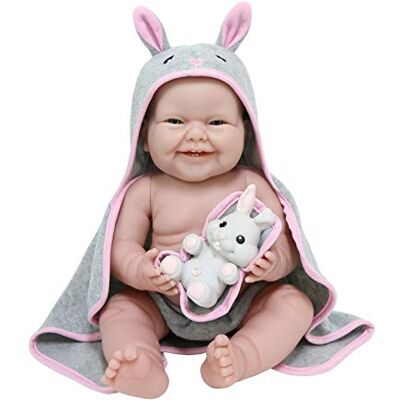 JC Toys Nowo narodzona lalka Newborn 38 cm z miękkiego winylu, w zestawie ręcznik z kapturem i zwierzakiem, króliczek, dziewczynka, szary i różowy, zaprojektowany w Hiszpanii przez Berenguer, +2 JC Toys Nowo narodzona lalka Newborn 38 cm z miękkiego winylu, w zestawie ręcznik z kapturem i zwierzakiem, króliczek, dziewczynka, szary i różowy, zaprojektowany w Hiszpanii przez Berenguer, +2