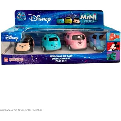 BANDAI Mini Cutes Cars Zestaw 4 pojazdów ciernych o średnicy 6 cm, Disney Toy: Mickey, Sulley, Catshire, Stich, wielokolorowe pojazdy zabawki ulubione postacie, AR79362 BANDAI Mini Cutes Cars Zestaw 4 pojazdów ciernych o średnicy 6 cm, Disney Toy: Mickey, Sulley, Catshire, Stich, wielokolorowe pojazdy zabawki ulubione postacie, AR79362