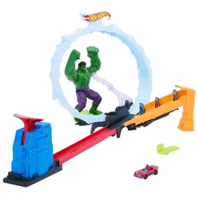 Hot Wheels Superstar Speeders Tor Spider-Man i Hulk: Superbohaterska akcja Zestaw, 1 metalowe auto Superstar Speeders, wyścig przez pętlę, złoczyńcy do pokonania, zabawka dla dzieci 4+, JMR29 Hot Wheels Superstar Speeders Tor Spider-Man i Hulk: Superbohaterska akcja Zestaw, 1 metalowe auto Superstar Speeders, wyścig przez pętlę, złoczyńcy do pokonania, zabawka dla dzieci 4+, JMR29