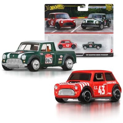 Hot Wheels Premium Kultowe auta Morris Mini & '67 Austin Mini Pickup 2-pak samochodów w skali 1:64, wyjątkowe połączenia, opony Real Riders™, metalowa konstrukcja, zestaw auta dla kolekcjonerów, JBK97 Hot Wheels Premium Kultowe auta Morris Mini & '67 Austin Mini Pickup 2-pak samochodów w skali 1:64, wyjątkowe połączenia, opony Real Riders™, metalowa konstrukcja, zestaw auta dla kolekcjonerów, JBK97