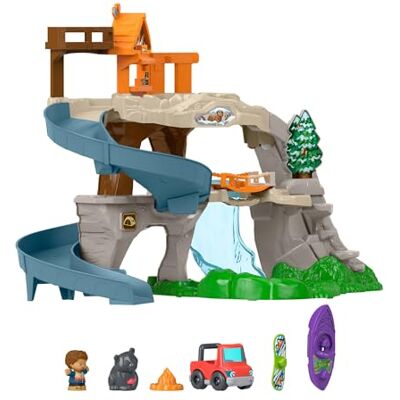 Fisher Price Little People Wielka górska przygoda Tor samochodowy Zjeżdżalnia Zestaw, autko, 2 figurki, kajak i elementy do zabawy, zabawka dla dzieci 1+, JJY77 Fisher Price Little People Wielka górska przygoda Tor samochodowy Zjeżdżalnia Zestaw, autko, 2 figurki, kajak i elementy do zabawy, zabawka dla dzieci 1+, JJY77