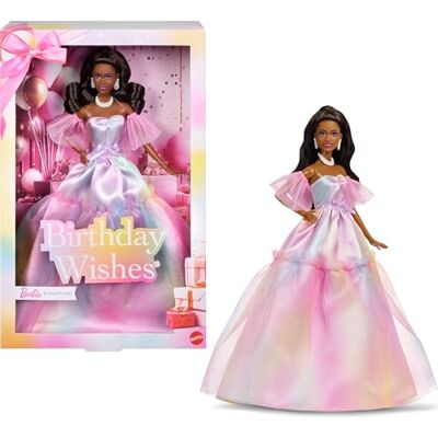 Barbie Signature Lalka Birthday Wishes Lalka modowa z czarnymi włosami i pastelową tęczową sukienką, kolekcjonerska, od 3 lat, JJX80 Barbie Signature Lalka Birthday Wishes Lalka modowa z czarnymi włosami i pastelową tęczową sukienką, kolekcjonerska, od 3 lat, JJX80