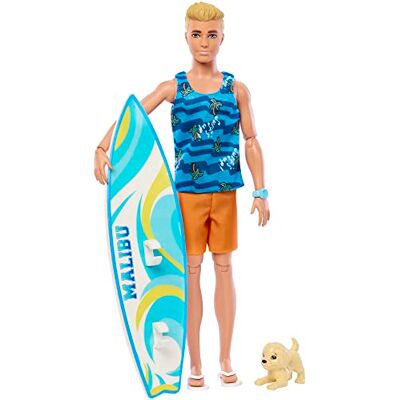 Barbie Ken Surfer Lalka plażowa (blondyn) z deską surfingową i pieskiem + akcesoria tematyczne, takie jak ręcznik HPT50 Barbie Ken Surfer Lalka plażowa (blondyn) z deską surfingową i pieskiem + akcesoria tematyczne, takie jak ręcznik HPT50