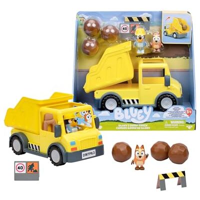 Bluey Dump Truck, śmieciarka, w zestawie figurka przyjaciela, w zestawie naklejki, 2 alerty i 3 plastikowe skały na przygodę, słynną przygodę (BLY96000) Bluey Dump Truck, śmieciarka, w zestawie figurka przyjaciela, w zestawie naklejki, 2 alerty i 3 plastikowe skały na przygodę, słynną przygodę (BLY96000)