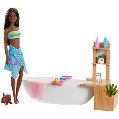 Barbie GJN33 Lalka Wellness Day (brunetka) i zestaw do zabawy, z wanną, psiakiem i innymi akcesoriami, zabawka od 3 lat Barbie GJN33 Lalka Wellness Day (brunetka) i zestaw do zabawy, z wanną, psiakiem i innymi akcesoriami, zabawka od 3 lat