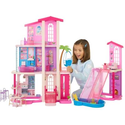 Barbie Dreamhouse Domek dla lalek 2 baseny, 2 zjeżdżalnie, winda, 9 stref zabawy, 2 domy, 65+ elementów z meblami i akcesoriami, JKG84 Barbie Dreamhouse Domek dla lalek 2 baseny, 2 zjeżdżalnie, winda, 9 stref zabawy, 2 domy, 65+ elementów z meblami i akcesoriami, JKG84