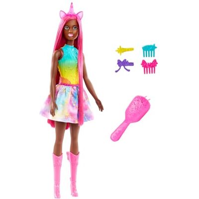 Barbie Lalka jednorożec z długimi ciemnoróżowymi włosami (prawie 18 cm!) i kolorowymi akcesoriami do stylizacji, takimi jak jednorożcowa opaska do włosów i ogon, HRR01 Barbie Lalka jednorożec z długimi ciemnoróżowymi włosami (prawie 18 cm!) i kolorowymi akcesoriami do stylizacji, takimi jak jednorożcowa opaska do włosów i ogon, HRR01