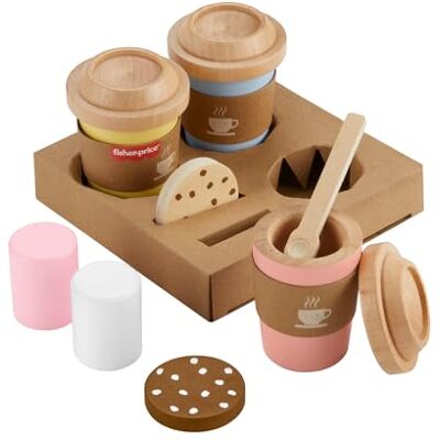 Fisher Price Kawka na wynos Zestaw drewnianych zabawek, takich jak kubki i „przekąski” dla dzieci od 3 roku życia, HXT85 Fisher Price Kawka na wynos Zestaw drewnianych zabawek, takich jak kubki i „przekąski” dla dzieci od 3 roku życia, HXT85