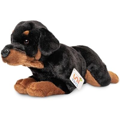 Uni-Toys Rottweiler, leżący 39 cm (długość) pluszowy pies, zwierzę domowe pluszowa zabawka, przytulanka, czarno-brązowy Uni-Toys Rottweiler, leżący 39 cm (długość) pluszowy pies, zwierzę domowe pluszowa zabawka, przytulanka, czarno-brązowy