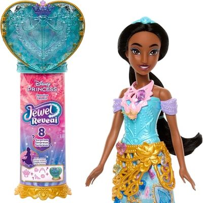 Mattel Disney Princess Jewel Reveal Lalka księżniczka Dżasmina i akcesoria, 8 niespodzianek, serduszkowa szkatułka, pierścionek dla dziecka, 9 elementów do zabawy, zabawka dla dzieci 3+, JLK30 Mattel Disney Princess Jewel Reveal Lalka księżniczka Dżasmina i akcesoria, 8 niespodzianek, serduszkowa szkatułka, pierścionek dla dziecka, 9 elementów do zabawy, zabawka dla dzieci 3+, JLK30