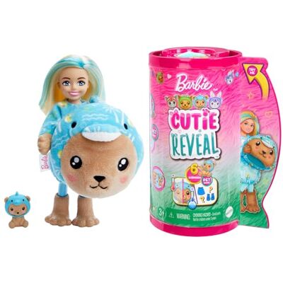 Barbie Cutie Reveal Chelsea Lalka Miś-Delfin Seria Kostiumy Zwierzaczki Lalka w kostiumie misia przebranego za delfinka z 6 niespodziankami, w tym zmianą koloru, HRK30 Barbie Cutie Reveal Chelsea Lalka Miś-Delfin Seria Kostiumy Zwierzaczki Lalka w kostiumie misia przebranego za delfinka z 6 niespodziankami, w tym zmianą koloru, HRK30